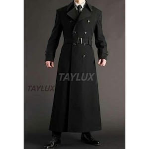 Men’s Full-Length Military Trench Coat | Double-Breasted Wool Overcoat with Belt | Shadow Assassin Gothic Steampunk Style | Manteau | Anzug