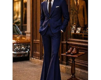 70s Navy Flared Suit Men – Vintage Bell Bottom Suit 2 Piece – Retro Tailored Wedding Suit Herren Anzug Costume Homme Sur Mesure Gift for him