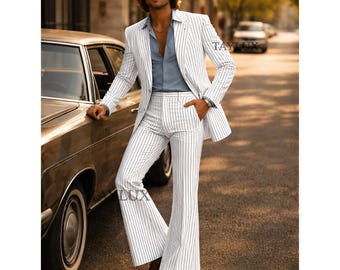 70s White Pinstripe 70s Suit Men – Retro Flared Pants Suit – Costume Homme Rayé Vintage – Herren Anzug 70er Maßgeschneidert Gift for him
