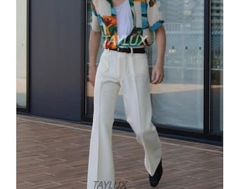 TAYLUX Pantalones acampanados blancos de los años 70 / Pantalones anchos de cintura alta inspirados en los años 70 / Ropa de playa de verano, fiesta formal, atuendo de estilo vintage