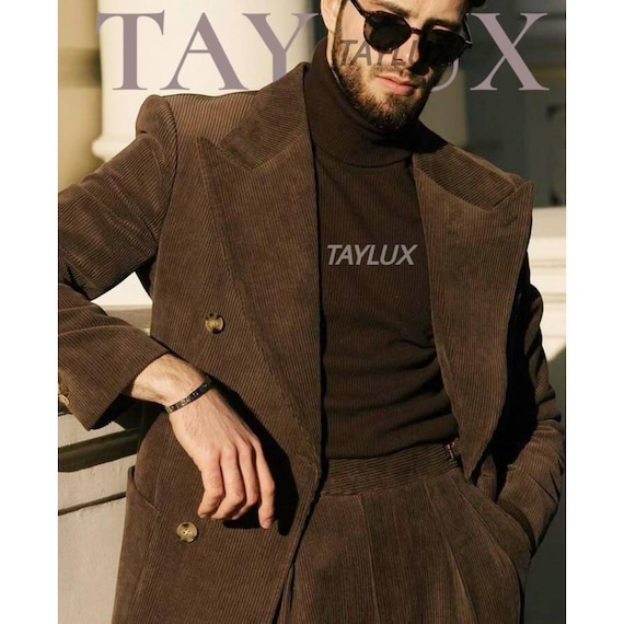 Tweed Brown Corduroy Suit for Men | 2-piece Double-breasted Blazer