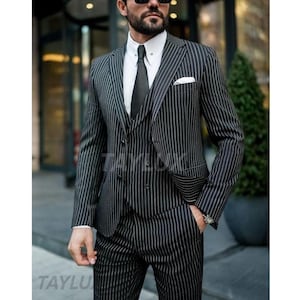 3-teiliger schwarzer Nadelstreifenanzug für Herren | Smoking-Stil | Maßgeschneidert | Premium Stoff | Abendgarderobe | Hochzeit | Abiball | Business Anzug