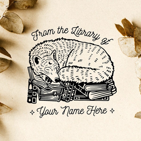 EX LIBRIS | Custom Book Stamp | Personalized Library Stamp | Ex Libris Stamp Wolf & Moon | Gift for Book Lovers | White Wolf | Sleeping Wolf