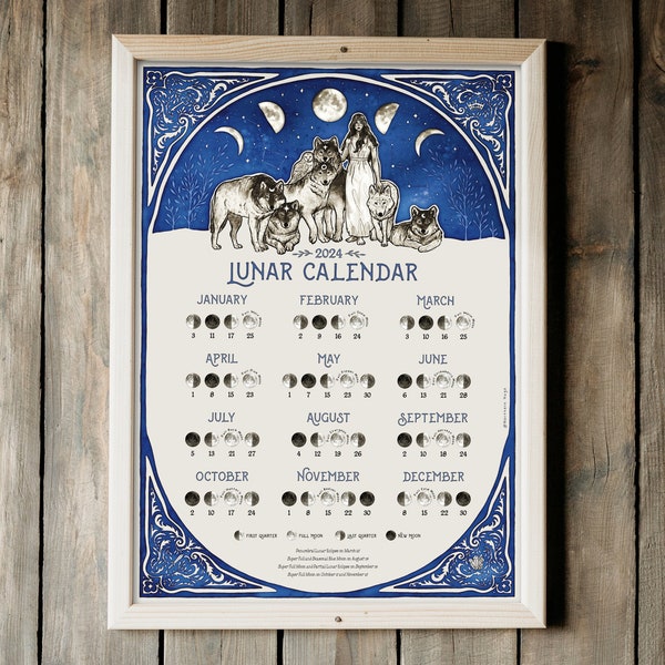 Mondkalender 2024 | Illustrierter Mond Kalender 2024 | A4 und A3 Kunstdruck Mondphasen 2024 | Himmlische Ereignisse 2024 | Mondfinsternisse 2024