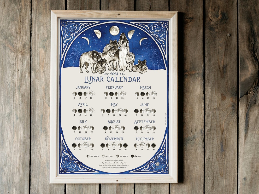 Lunar Calendar 2024 Illustrated Moon Calendar 2024 A4 and A3 Art Print