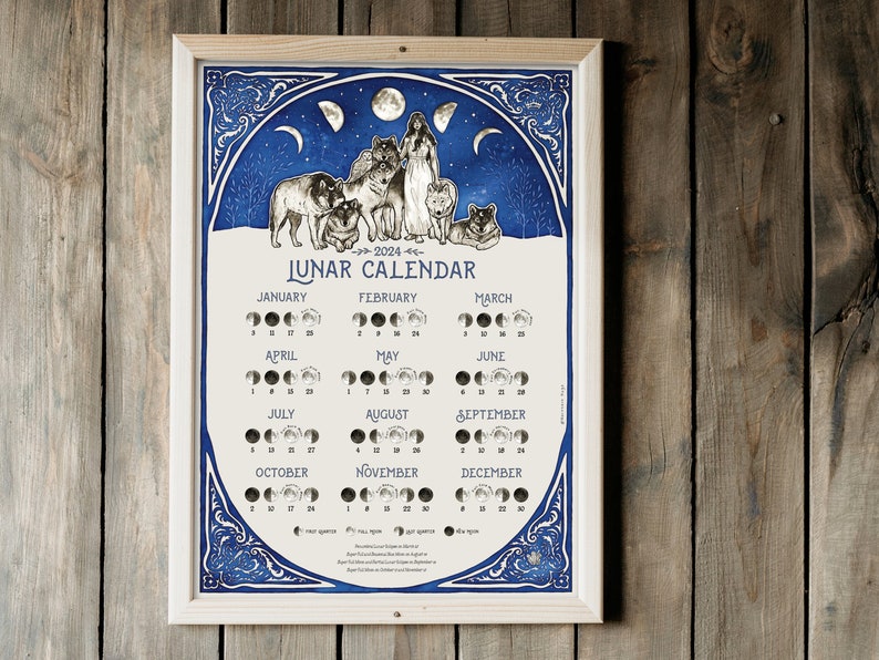Lunar Calendar 2024 Illustrated Moon Calendar 2024 A4 and A3 Art Print