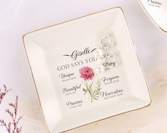 Custom Bible Verse Ring Dish, Birth Flower Jewelry Tray, Christian Encouragement Gift for Her, Faith Christian Gift, Inspirational Gift