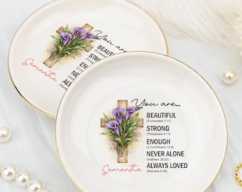 May include: Two white ceramic ring dishes with gold rims. Each dish features a cross with purple flowers and the words "You are... BEAUTIFUL, STRONG, ENOUGH, NEVER ALONE, ALWAYS LOVED." The name "Samantha" is also printed on each dish.