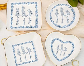 Custom Cat Trinket Dish Custom Chinoiserie Toile De Jouy Pet Jewelry Dish, Cat Mom Gift, Line Art Pet Ring Dish, Pet Gift Memorial Gift