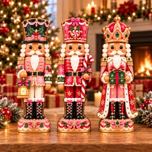 May include: Three decorative nutcracker figurines standing on a wooden surface. The left figure holds a lantern, the centre figure holds a candy cane, and the right figure holds a gift box. All feature pink, red, and gold accents with white beards.