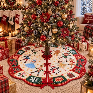 May include: A round, quilted Christmas tree skirt featuring a cream-colored center with illustrations of a nutcracker, ballerina, snowman, gingerbread man, elf, reindeer, and penguin, bordered by a scalloped red and green edge with bows.