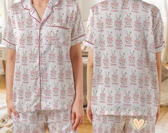 Personalized Rabbit Easter Coquette Pajamas, Floral Easter Bunny PJs Holiday PJs Set Easter Outfit, Custom Sleepwear Family Matching Pjs