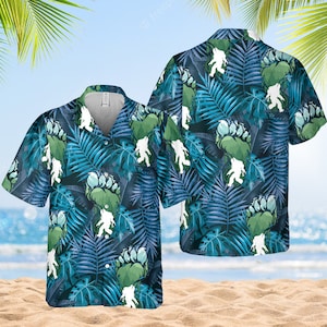 Bigfoot Hawaii Shirt, Bigfoot Hawaiian Shirt, Bigfoot Surfing Shirt, Sasquatch Shirt, Bigfoot Tropical Shirt, Palm Tree Bigfoot Shirt
