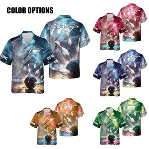 May include: A collection of short-sleeved bowling shirts in various colors, including blue, red, and green. Each shirt features a bowling scene with pins, a ball, and the text "Team Name" and "BOW". The words "COLOR OPTIONS" are at the top.