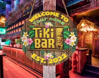 Personalisierte Tiki Bar Runde Holzschild Tiki Bar Tiki Hut Tiki Lounge Sommer Dekoration, Terrasse Hinterhof Dekor Strand Haus Dekor