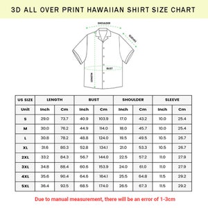 May include: Size chart for a Hawaiian shirt with measurements in inches and centimeters for bust, length, shoulder, and sleeve. The chart includes sizes from S to 5XL.