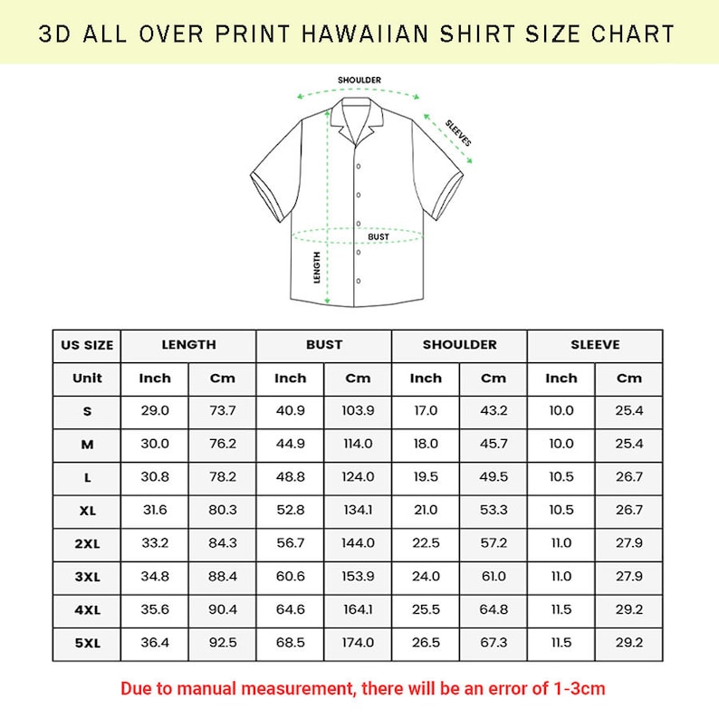 May include: Size chart for a Hawaiian shirt with measurements in inches and centimeters for bust, length, shoulder, and sleeve. The chart includes sizes from S to 5XL.