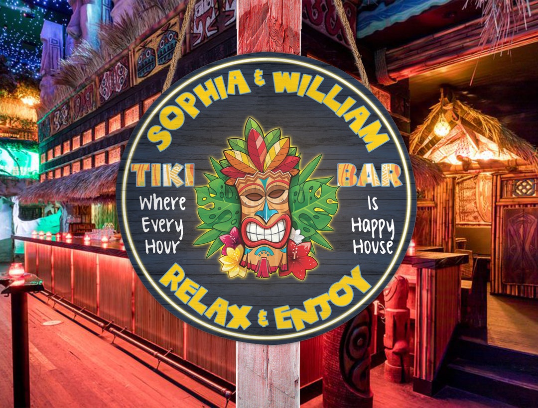 Personalized Tiki Bar Happy Hour Relax & Enjoy Wooden Sign, Tiki Lounge Round Sign, Backyard