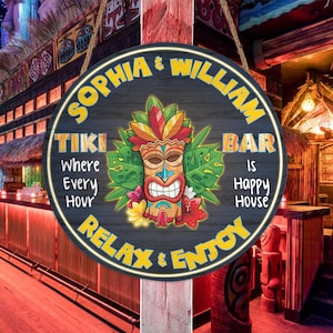 Personalized Tiki Bar Happy Hour Relax & Enjoy Wooden Sign, Tiki Lounge Round Sign, Backyard Printed Sign, Beach House Sign, Outdoor Decor