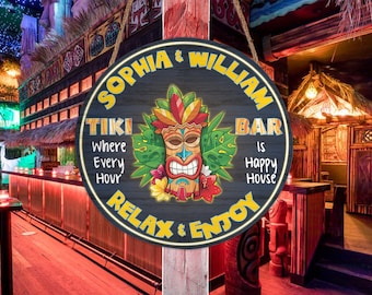 Personalisiertes Tiki Bar Happy Hour Relax & Genießer Holzschild, Tiki Lounge Rundes Schild, Hinterhof Gedrucktes Schild, Strandhaus Schild, Outdoor Dekor