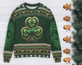 May include: Green Christmas sweater with a gold shamrock design and Celtic knot patterns. The sweater has a green, red, and white trim.