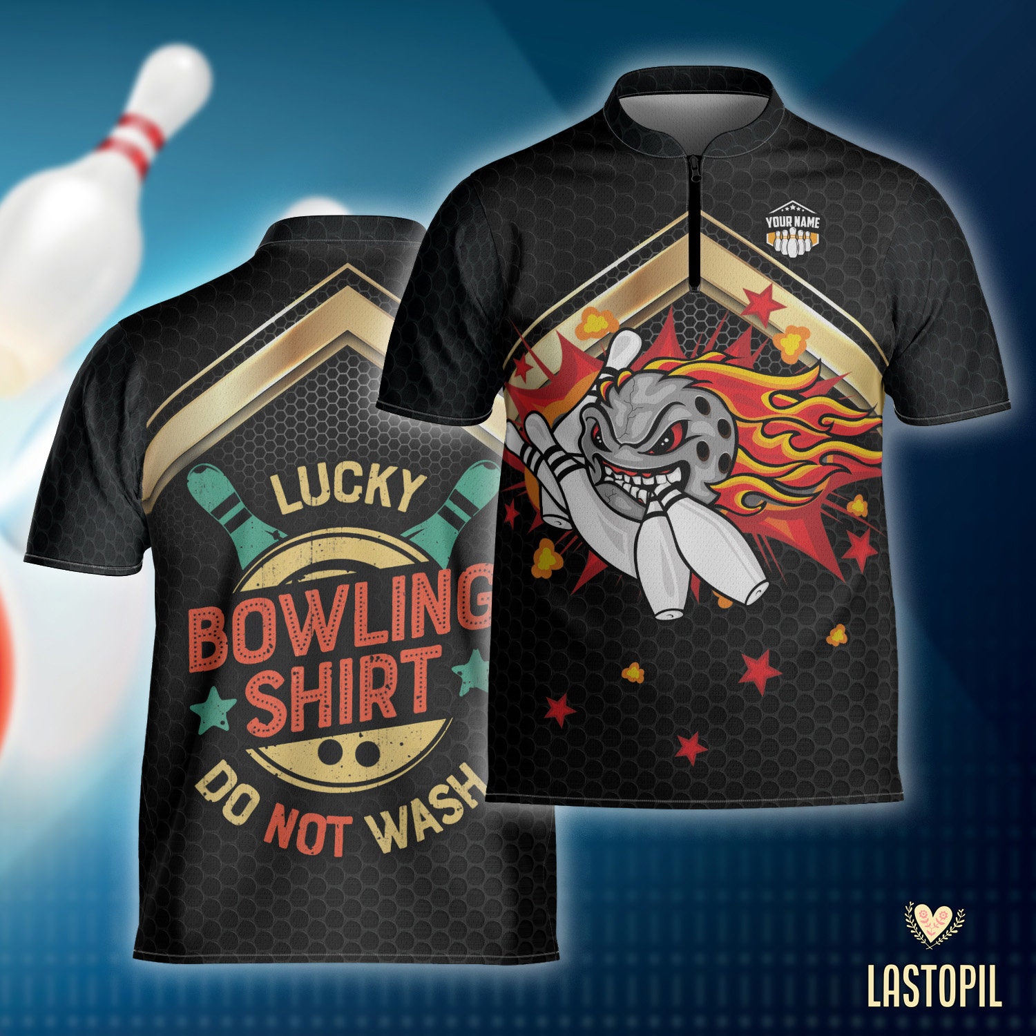 Personalized Lucky Bowling Jersey Bowling Quarter Zip Sash Collar