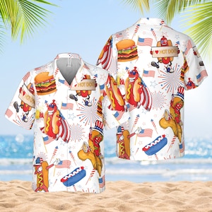 American Hot Dog Burger Hawaiian Shirt Party in the USA Patriotic BBQ Shirt Happy 4th of July Hawaiian Shirt Independence Day Aloha Shirt