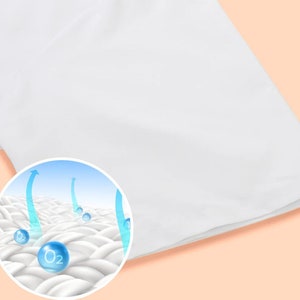 May include: Close-up of a white fabric with a microscopic view of the fabric's weave.  The weave is designed to allow air to circulate through the fabric.  The image shows blue arrows indicating the direction of airflow and blue spheres with the text "O2" indicating oxygen molecules.