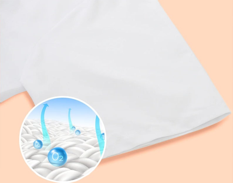 May include: Close-up of a white fabric with a microscopic view of the fabric's weave.  The weave is designed to allow air to circulate through the fabric.  The image shows blue arrows indicating the direction of airflow and blue spheres with the text "O2" indicating oxygen molecules.