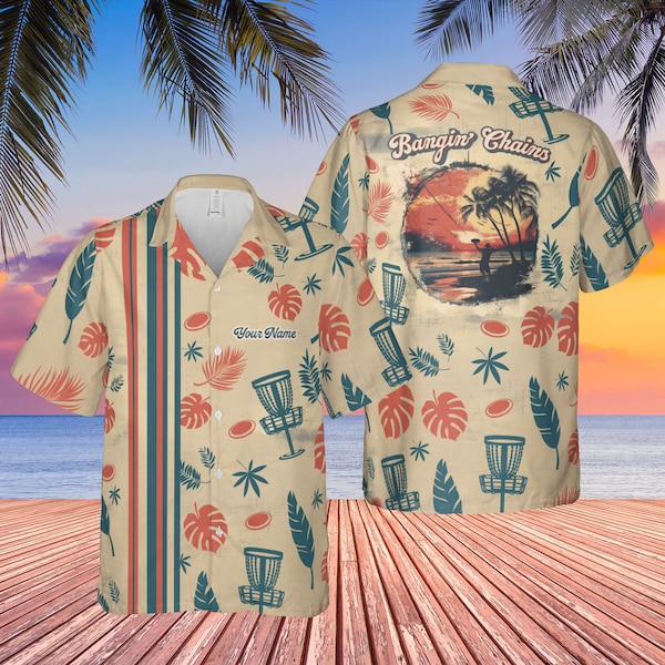 Personalized Bangin' Chains Disc Golf Hawaiian Shirt Retro Sunset Disc Golf Gift, Flying Disc Shirt, Gift For Golfer Player Throw Discs