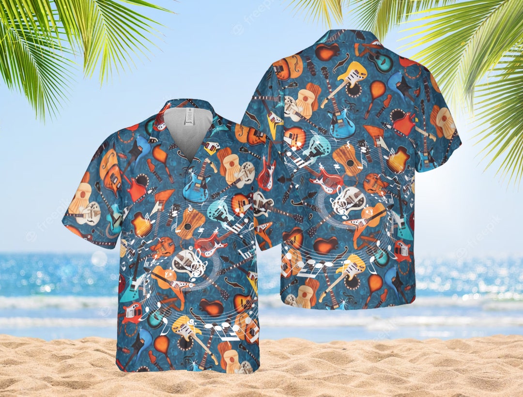 3D Acoustic Guitar Hawaii Shirt, Guitar Hawaiian Shirts Casual Short Sleeve Guitar Shirt Men HO1147