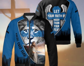 Lion Of Judah Jesus Faith Over Fear Bomber Jacket, Christian Baseball Jacket, Faith Streetwear for Men Women Kids, Religious Jackets