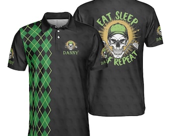 Personalized Eat Sleep Golf Repeat Polo Shirt All Over Print Golf Polo Shirt Gifts For Golfers, Dad, Grandpa Lightweight Men's Golf Shirts