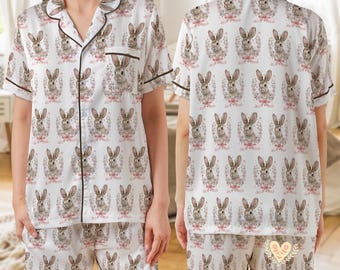 Rabbit Easter Coquette Pajamas, Floral Easter Bunny PJs Holiday PJs Set Easter Outfit, Rabbit Sleepwear Family Matching Pjs