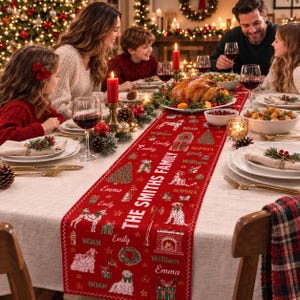 Op de afbeelding: Een rode stoffen tafelloper met een herhalend patroon van witte lijntekeningen van honden, kerstbomen, cadeaus en kransen, met de tekst THE SMITHS FAMILY en diverse namen in het wit gedrukt over het midden van de tafelloper.