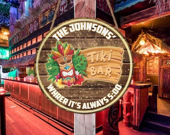 Personalized Tiki Bar Always 5 O'Clock Round Wood Sign, Tiki Hut Tiki Lounge Sign Backyard Beach House Decor Poolside Bar party Decor