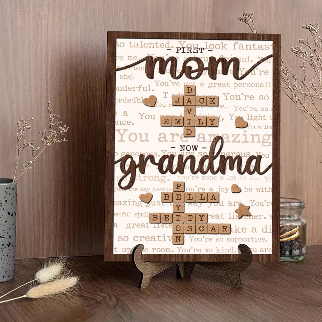 Personalized First Mom Now Grandma Wooden Sign, Custom Crossword Puzzle ...