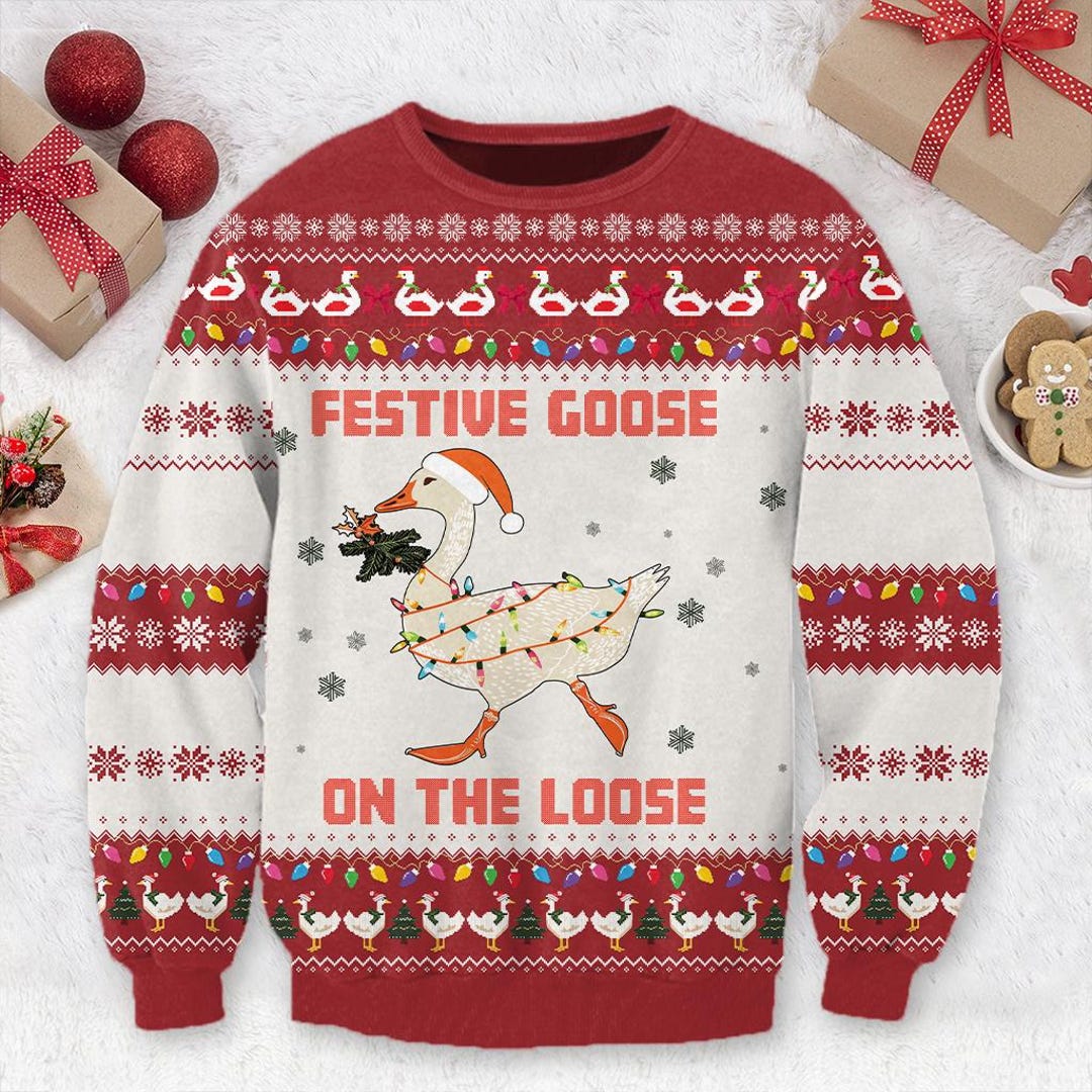 Festive Goose on the Loose Christmas Ugly Sweater Funny Goose Christmas ...