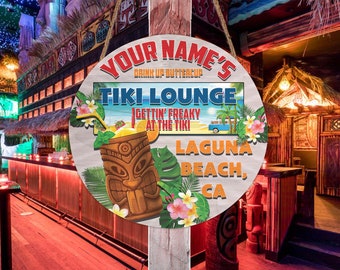 "Tiki Lounge Gettin 'Freaky At The Tiki Rundes Holzschild Tiki Bar Tiki Hut Sommerdeko Terrasse Hinterhof Schild Tiki Raum Dekor