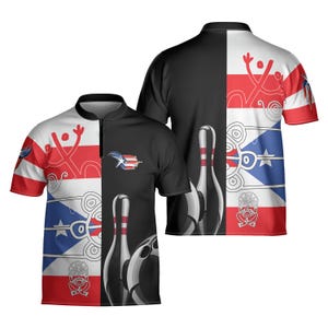 May include: A short-sleeved polo shirt featuring a split design with the Puerto Rican flag and bowling pins. The shirt is black and white with red, white, and blue accents. The design includes a stylized Puerto Rican flag and bowling pins.