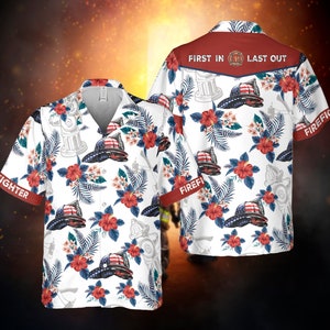 Floral Helmet Firefighter Shirt, Independence Day Aloha Shirt, Firefighter Dad Hawaiian Shirt, Fireman Gift, Fire Dept Shirt