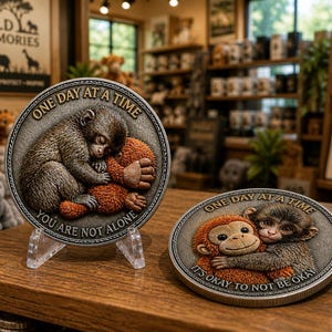 Puede incluir: Dos monedas redondas de color plateado con diseños de monos. Una moneda muestra un mono durmiendo abrazando un peluche, con el texto "ONE DAY AT A TIME" y "YOU ARE NOT ALONE". La otra moneda muestra dos monos abrazándose, con el texto "ONE DAY AT A TIME" y "IT'S OKAY TO NOT BE OKAY".