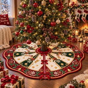 Könnte beinhalten: Ein runder, gesteppter Weihnachtsbaumteppich mit einem festlichen Muster aus roten, grünen und cremefarbenen Segmenten. Das Design umfasst gestickte goldene Sterne, weiße Schneeflocken, Stechpalmenbeeren und kleine goldene Glocken mit roten Schleifen.