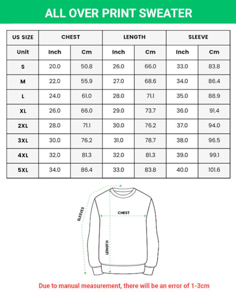 Op de afbeelding: Een witte tabel met zwarte tekst met details over de afmetingen van truien in inches en centimeters. De tabel bevat maten S tot en met 5XL, met borst-, lengte- en mouwmaten. De tekst "ALL OVER PRINT SWEATER" staat bovenaan. Onderaan staat een trui-diagram.