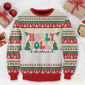 Holly Jolly Merry Christmas Ugly Christmas Sweater Retro Christmas Crewneck Shirt, Christmas Gift Family Christmas Matching Shirt