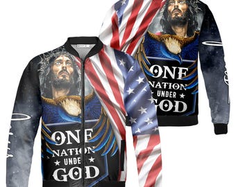 One Nation Under God Bomber Jacket, Christian Baseball Jacket, Faith Streetwear for Men Women Kids, Religious Matching Jackets