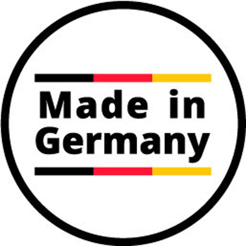 May include: A black and white circle with the text "Made in Germany" in black letters. The circle has a red and yellow stripe at the top and bottom.