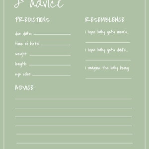 Prédictions pour bébé et carte de conseils, vert sauge, vert clair, genre neutre, Baby Shower