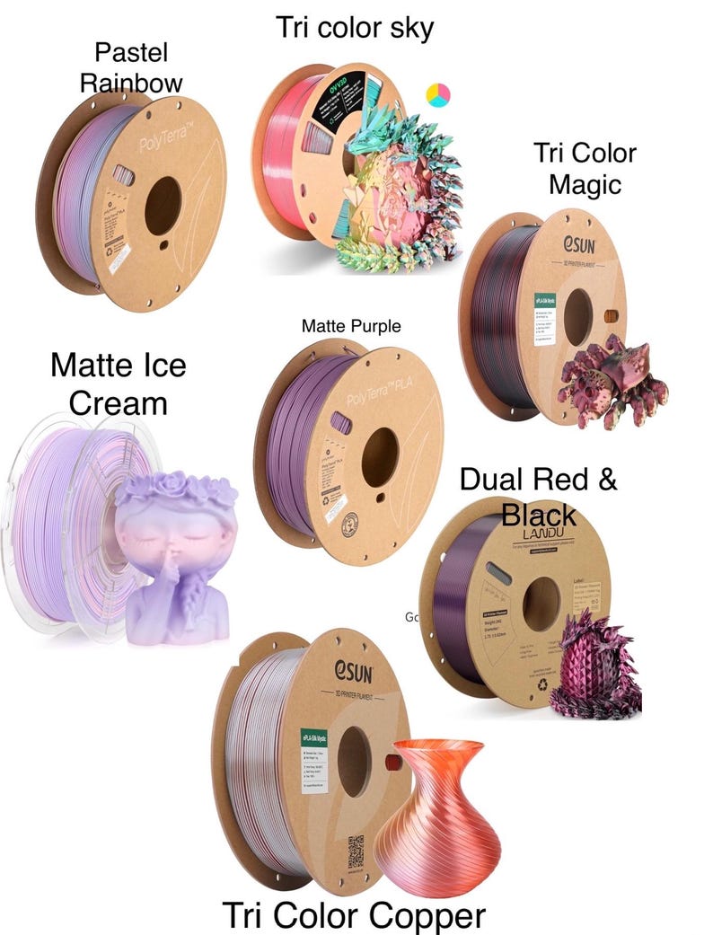 May include: Assortment of spools of filament for 3D printing in various colors, including pastel rainbow, tri color sky, matte ice cream, matte purple, tri color magic, dual red and black, and tri color copper.