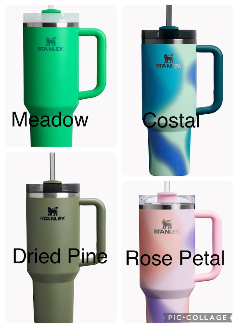 May include: Four Stanley brand travel mugs with different color patterns and handles. The colors are Meadow green, Coastal blue, Dried Pine green, and Rose Petal pink.